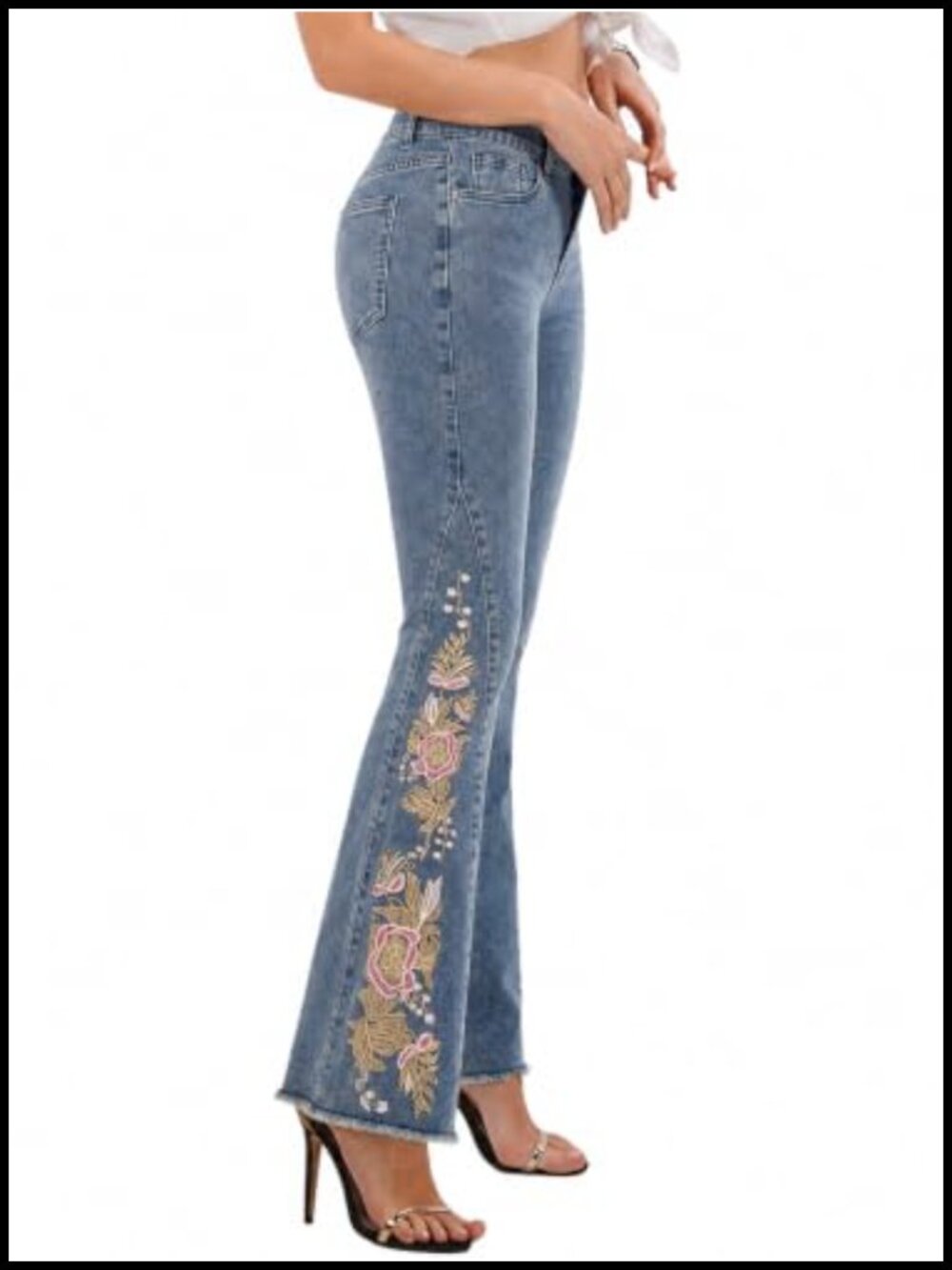 Floral Embroidered Flare Jeans High Rise Stretch Denim Raw Hem